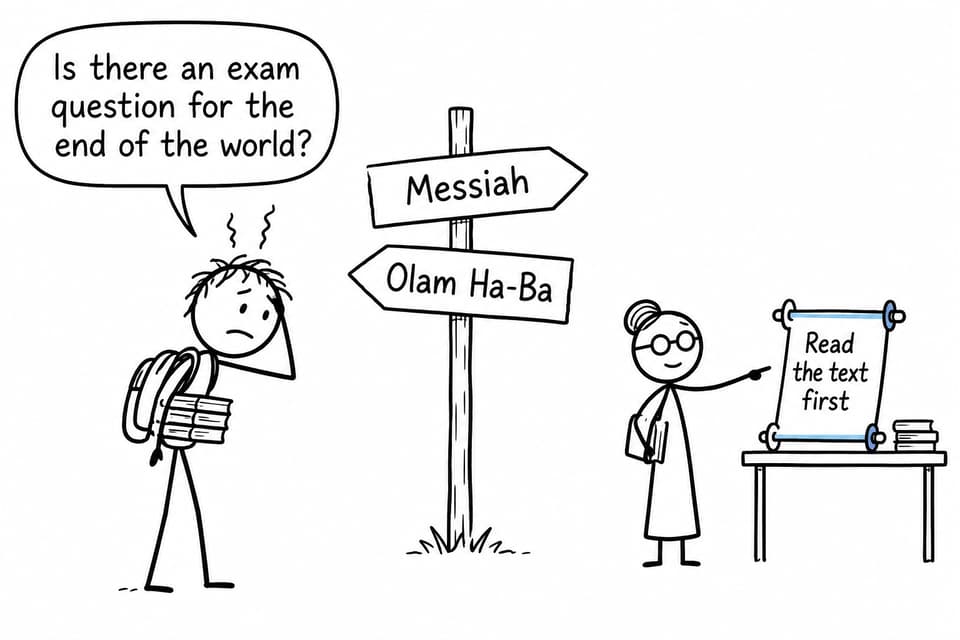 A student confronts signs for Messiah and Olam Ha-Ba while a librarian recommends reading the text first
