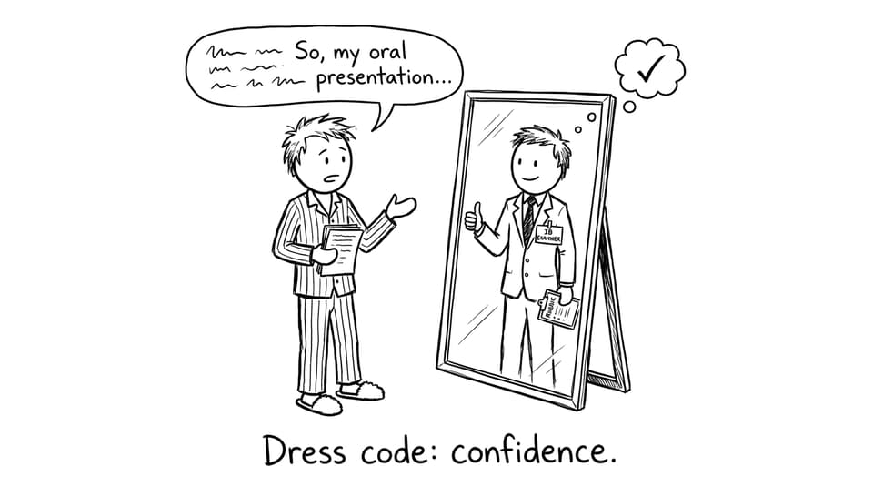 A pajama-clad student rehearses while the mirror shows an examiner with a rubric