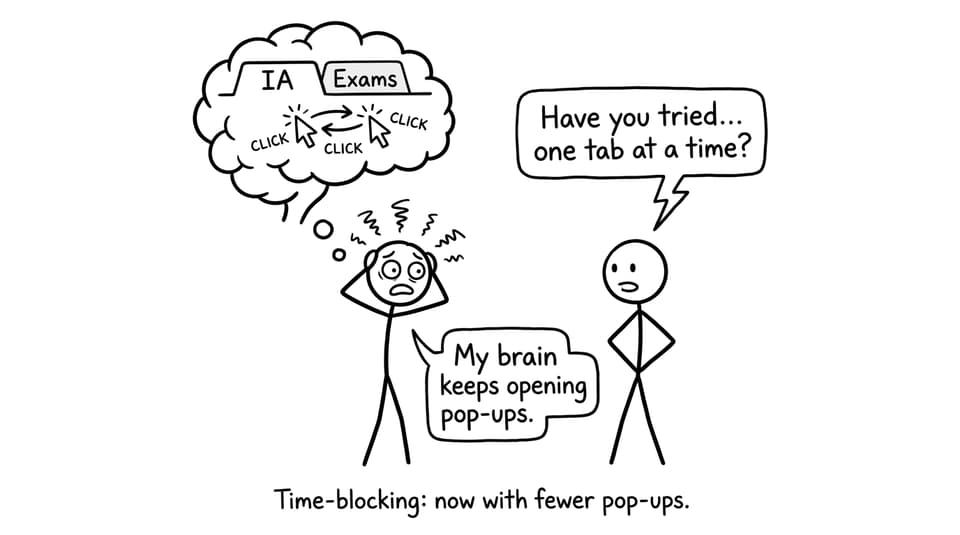 Comic of brain tabs for IA and Exams