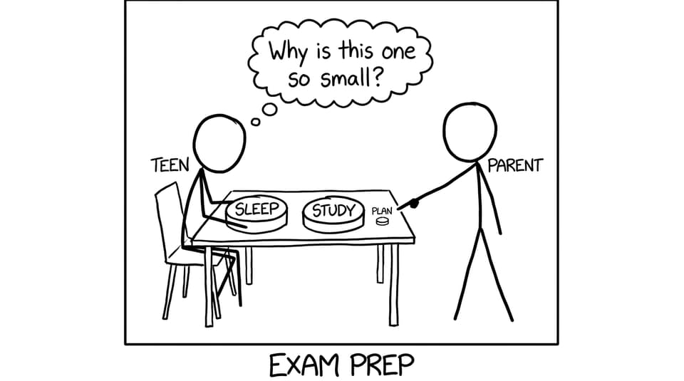 A teen choosing between sleep and study with a tiny “plan” button