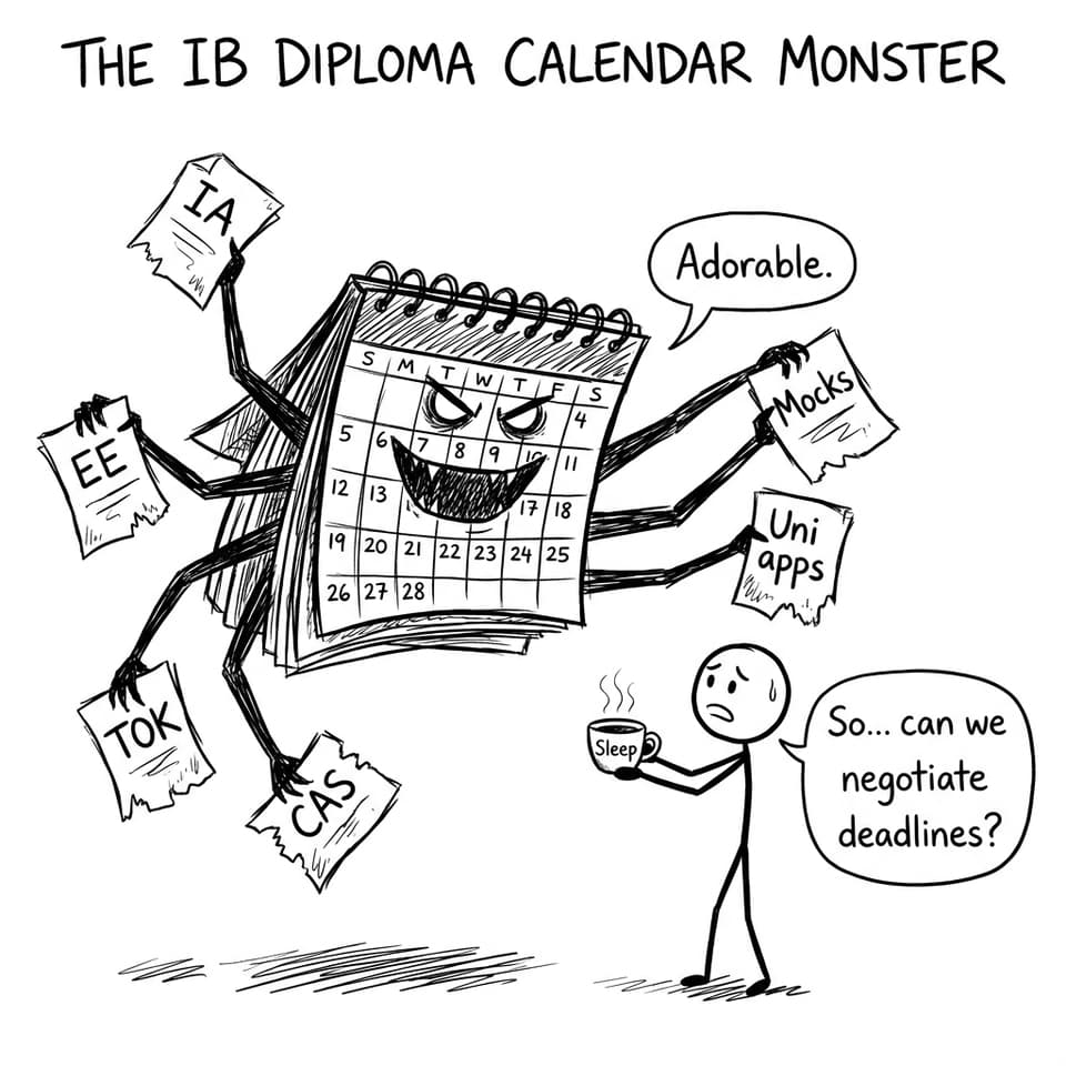 Calendar monster holding IA, EE, TOK, CAS, Mocks, Uni apps