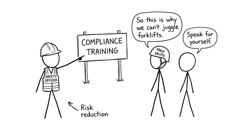 Compliance training joke about juggling forklifts