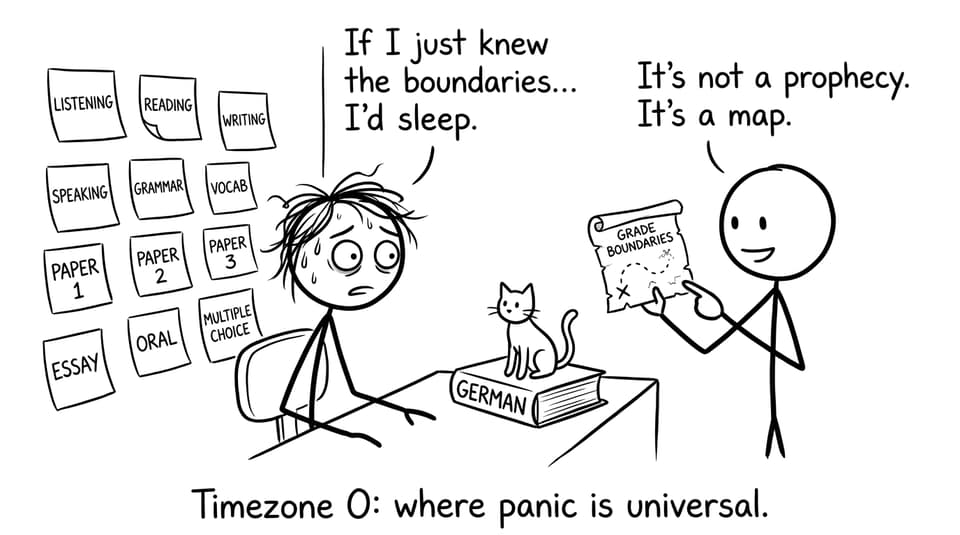 A stressed student uses grade boundaries like a treasure map