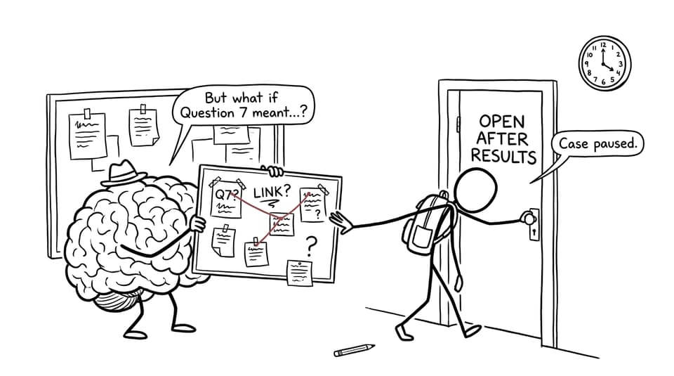 A student's brain tries to investigate one final exam question while the student pauses the case until results