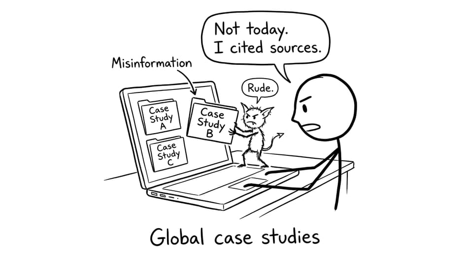 Misinformation gremlin steals case study folder joke