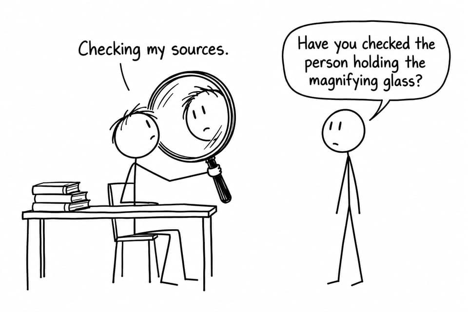 A student points a magnifying glass toward their own head while another student asks whether the researcher has been checked