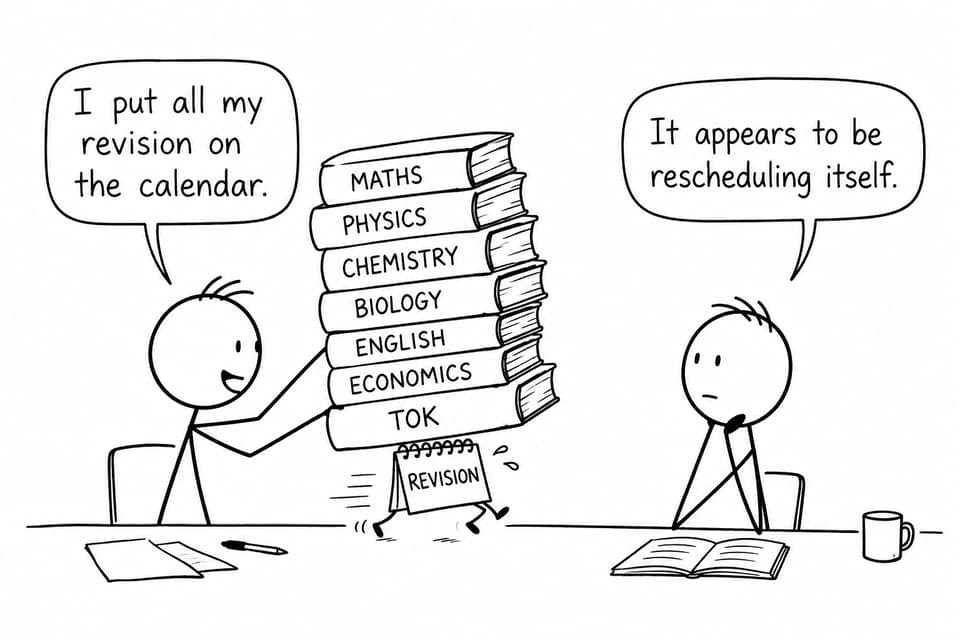Two students watch an overloaded revision calendar crawl away from a desk