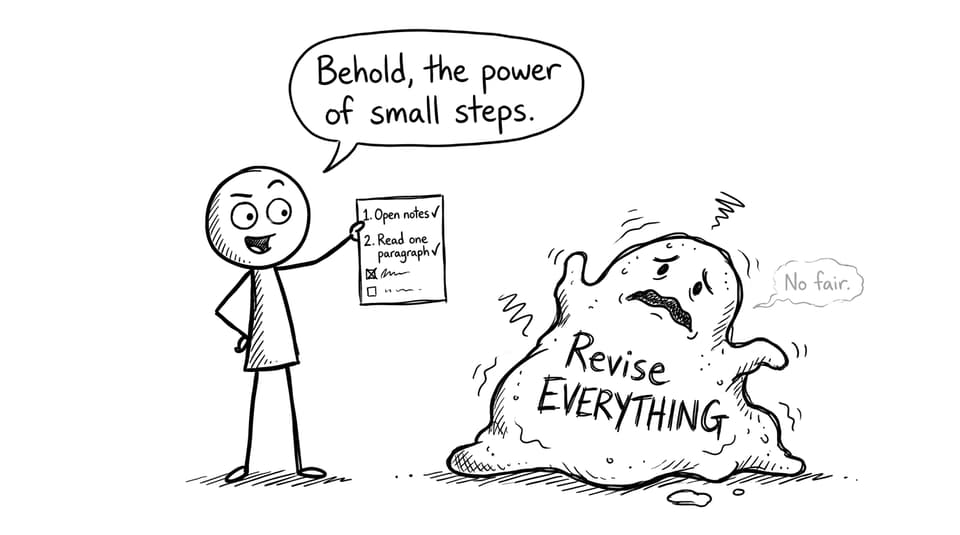 A “tiny checklist shrinks the big monster task” comic