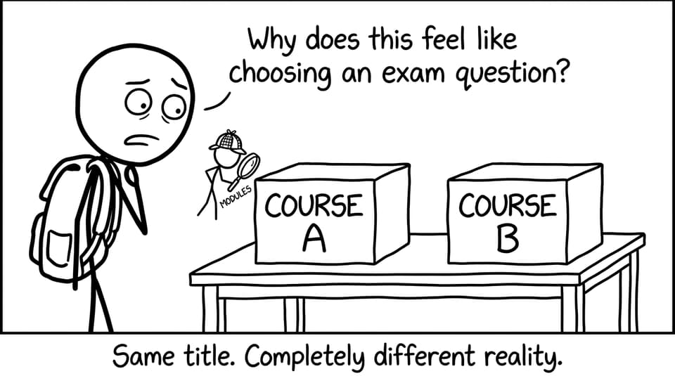 Student comparing two identical courses with a magnifying glass