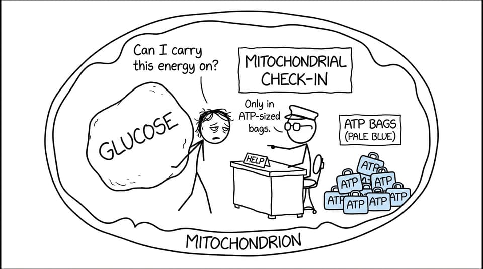A student checking glucose into a mitochondrion and being told energy must travel in ATP-sized bags