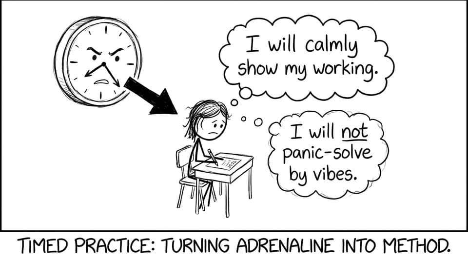 Angry clock watching a student do a timed mock