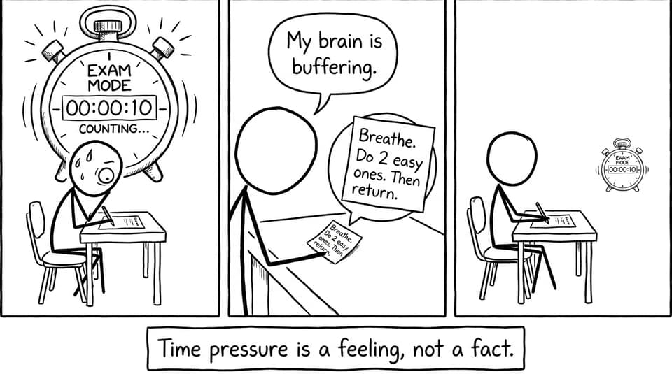 A stick-figure comic about exam mode and buffering brains