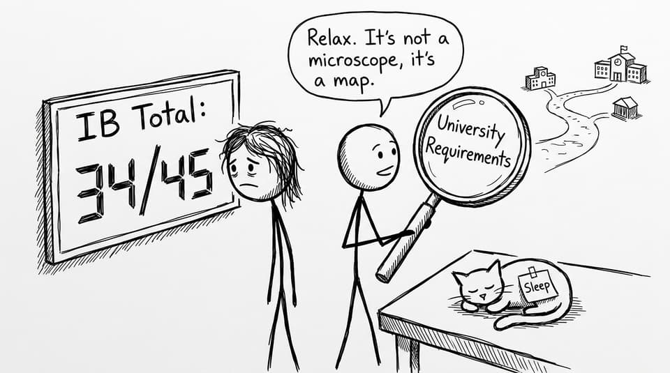 Student staring at an IB 34 scoreboard