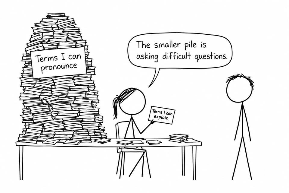 A student compares a huge pile of terms they can pronounce with one small card containing terms they can explain.
