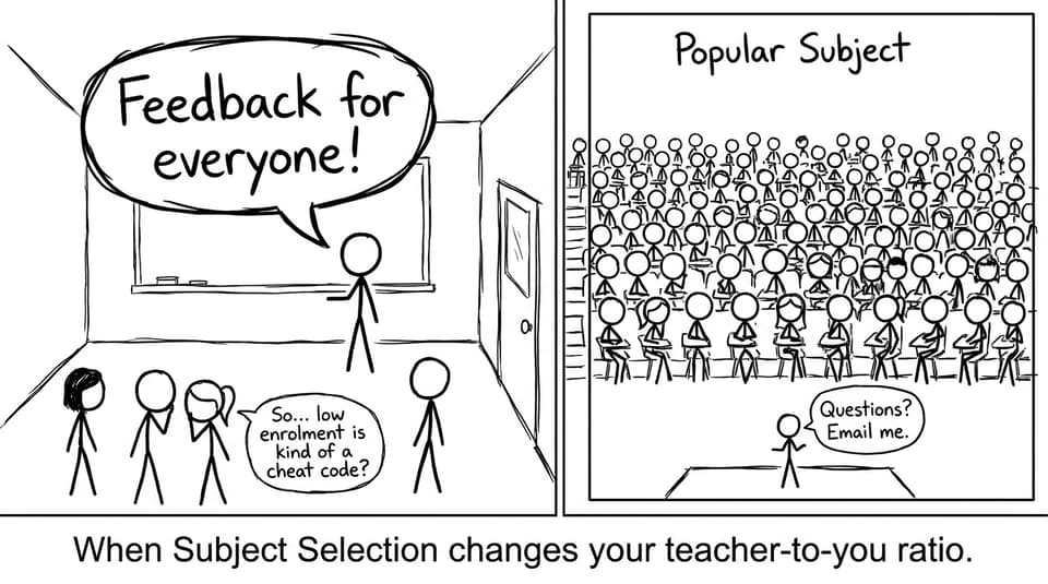Small class vs packed lecture hall joke