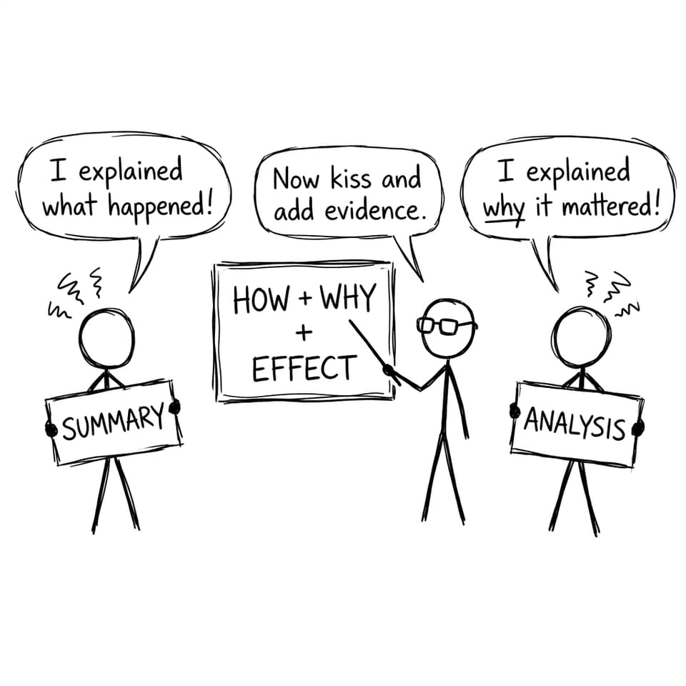 Summary vs analysis XKCD comic