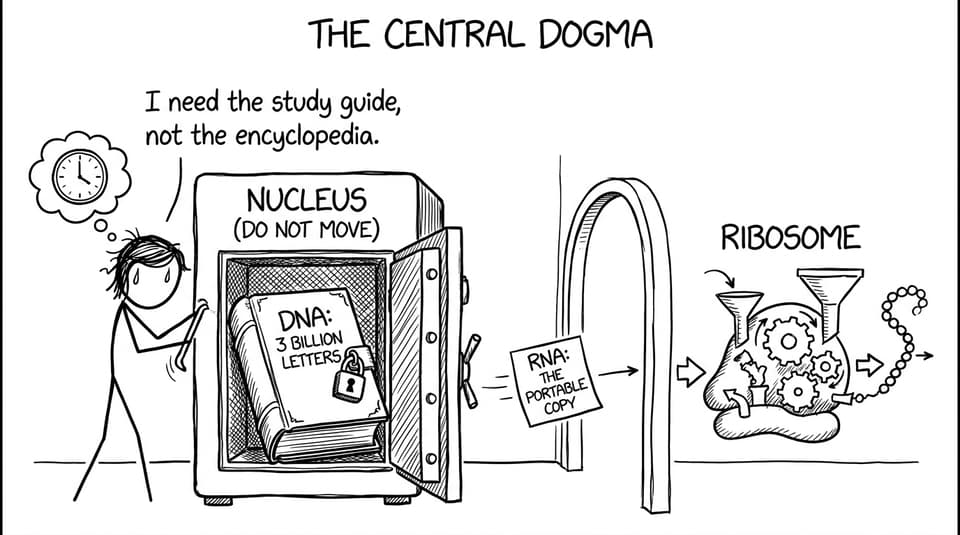 A DNA encyclopedia vs an RNA portable copy