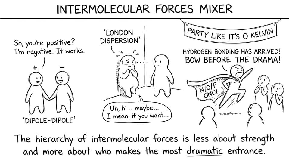 Party scene where LDF is shy, dipole-dipole holds hands, hydrogen bonding arrives with a cape