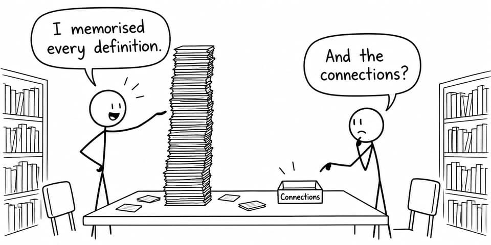 Two students discover that memorising definitions is not the same as understanding their connections.