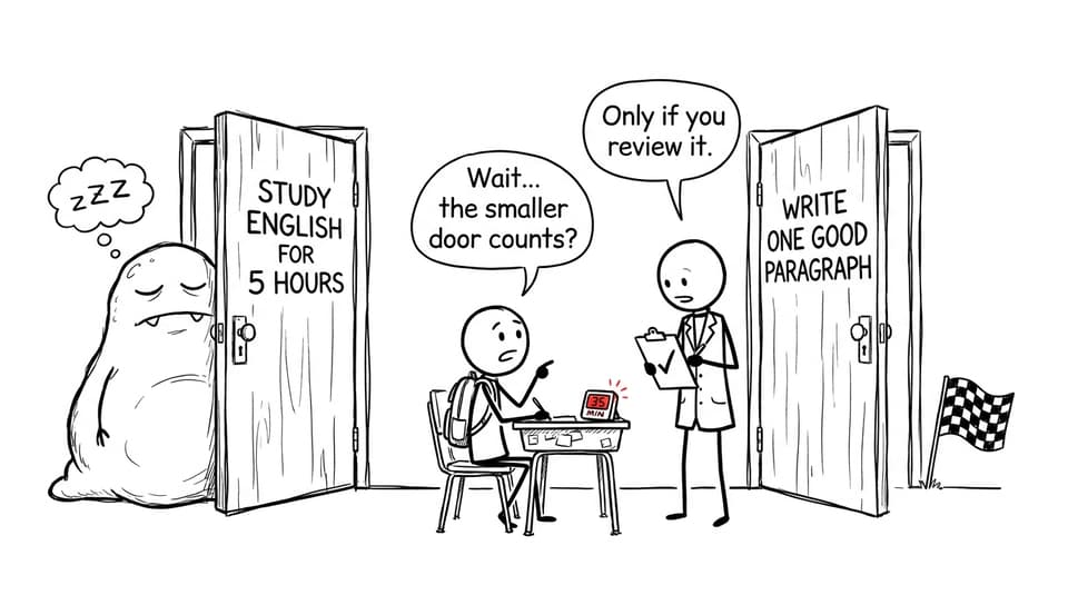 Comic about choosing one reviewed paragraph over five unfocused study hours