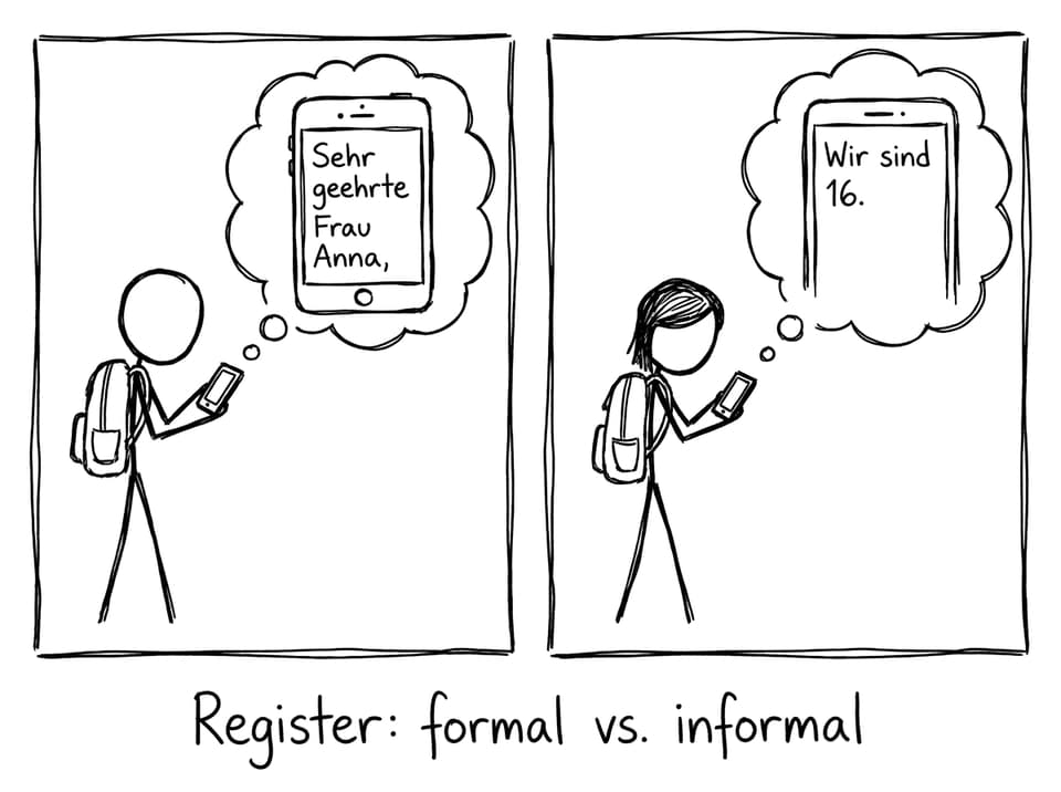 Two students joking about formal vs informal register