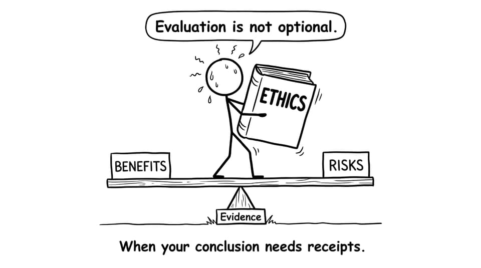 Seesaw labeled Benefits and Risks with a heavy Ethics book