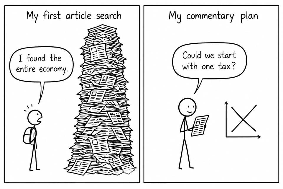 A student faces a mountain of newspapers before narrowing the task to one tax and one diagram