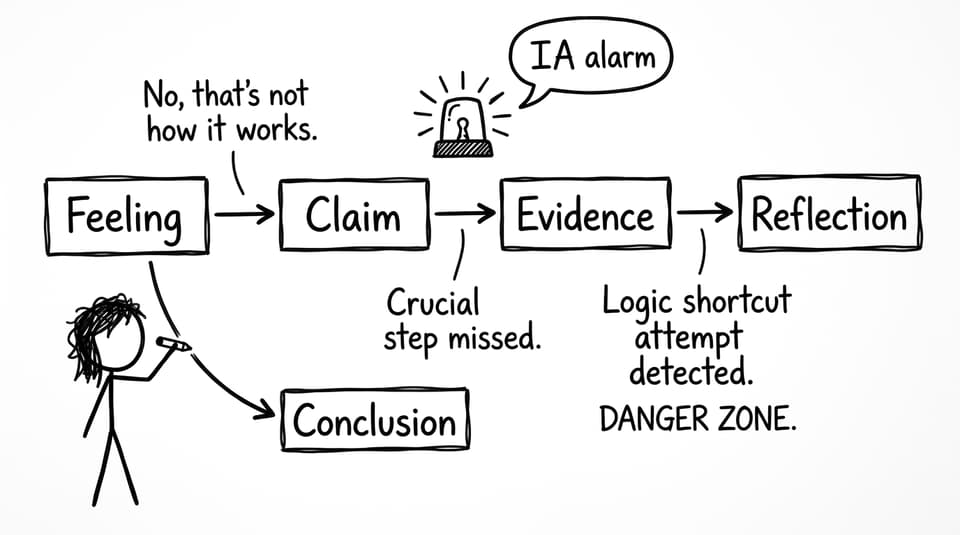 Flowchart: Feeling -> Claim -> Evidence -> Reflection, with an IA alarm on shortcut