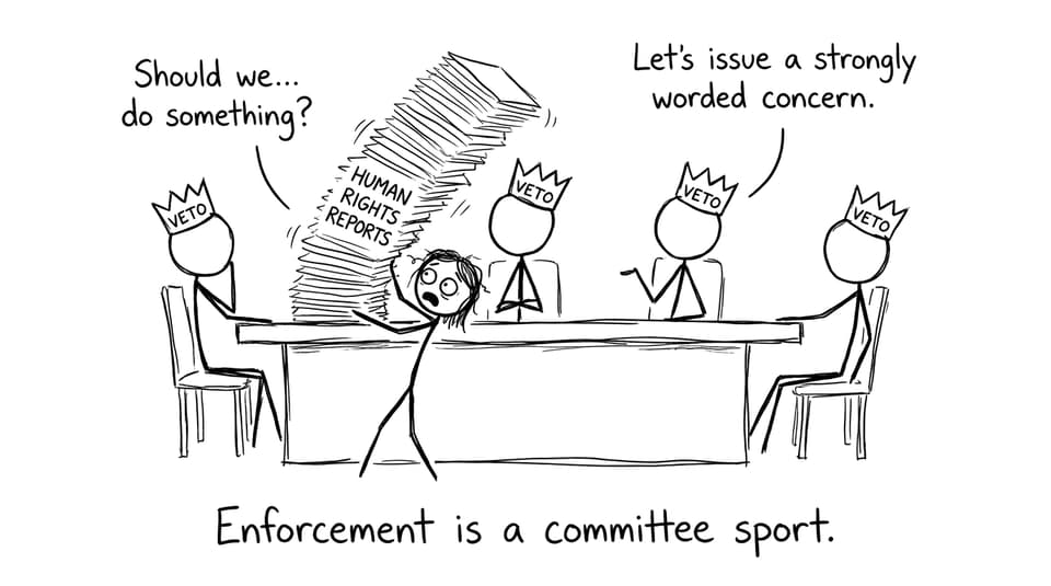 UN table with “Veto” crowns and a collapsing pile of reports