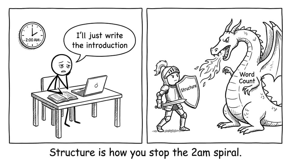 Comic about late-night drafting and structure