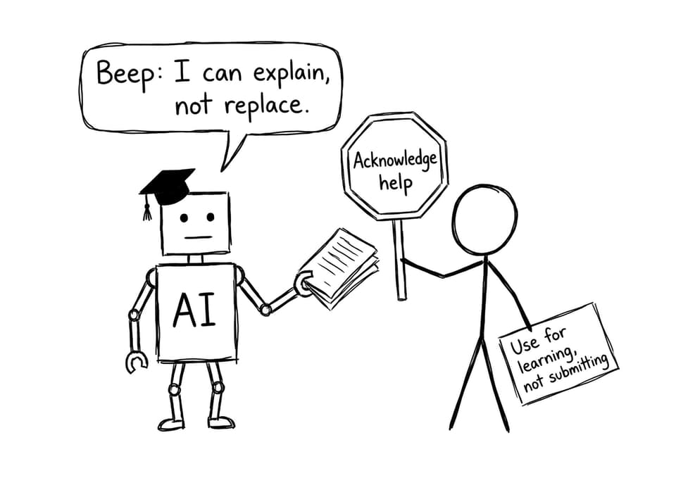 A robot offers an essay; student insists on acknowledging help
