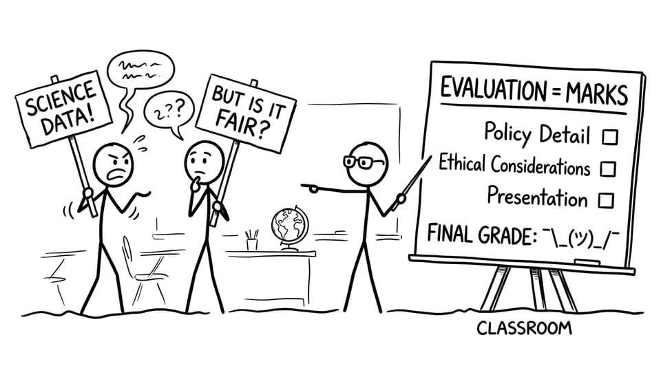 Science vs fairness argument with a rubric pointing to “evaluation”