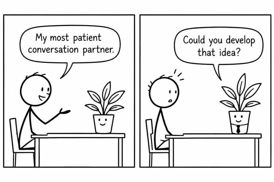 A student practises speaking with a houseplant before the plant unexpectedly asks for a more developed answer