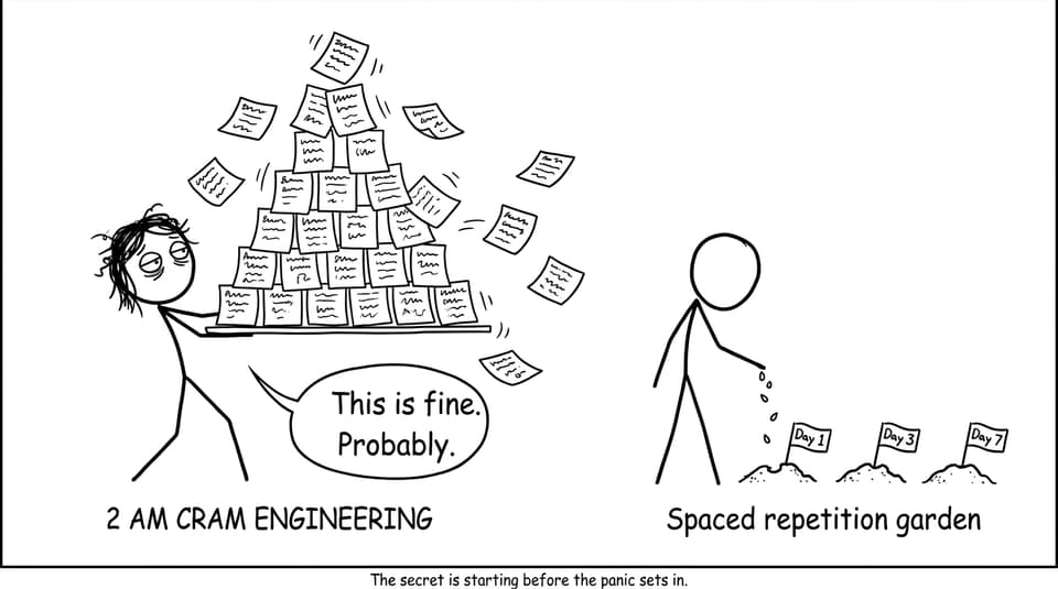 A comic about cramming vs spaced repetition
