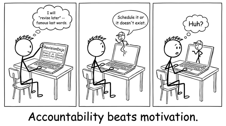 RevisionDojo laptop with scheduling joke