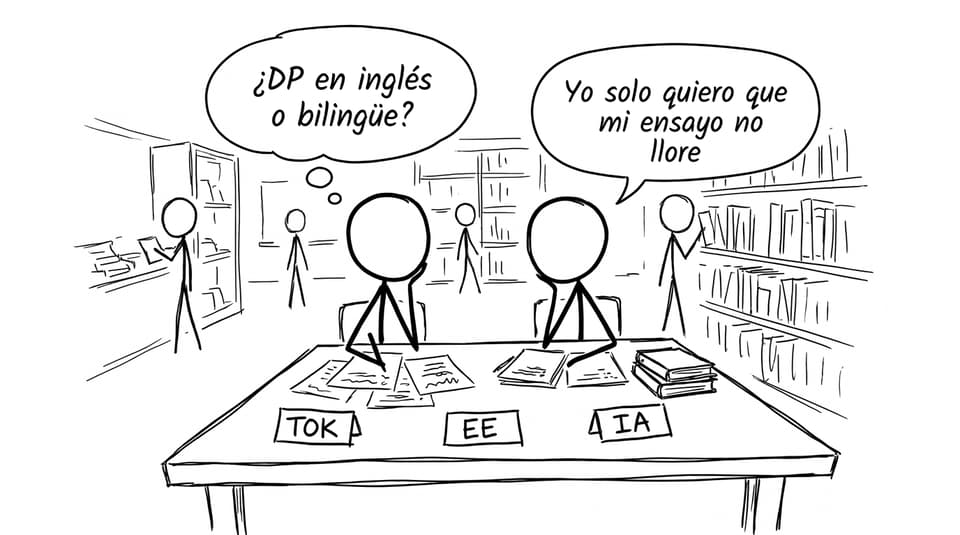 Viñeta: biblioteca, TOK/EE/IA y el ensayo llorando