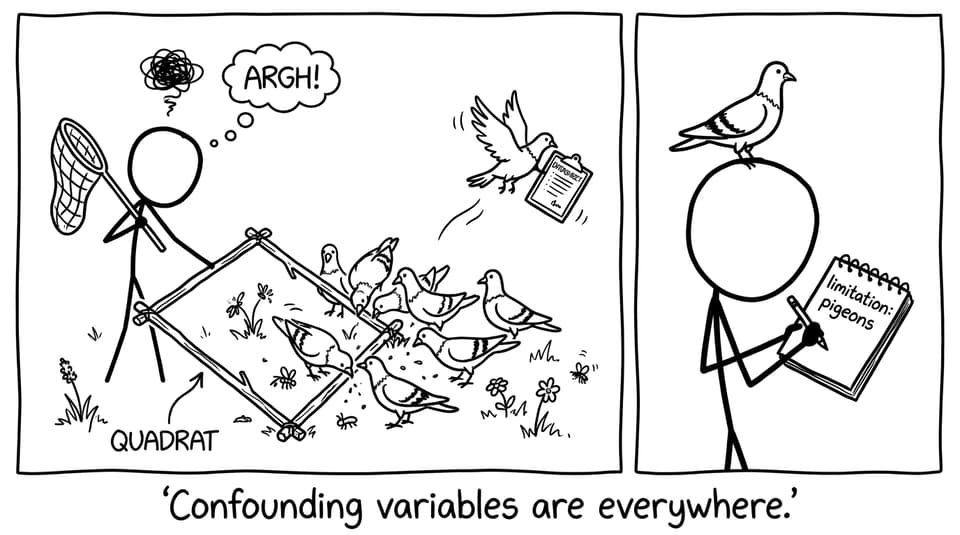 A student samples with a quadrat while pigeons steal the datasheet