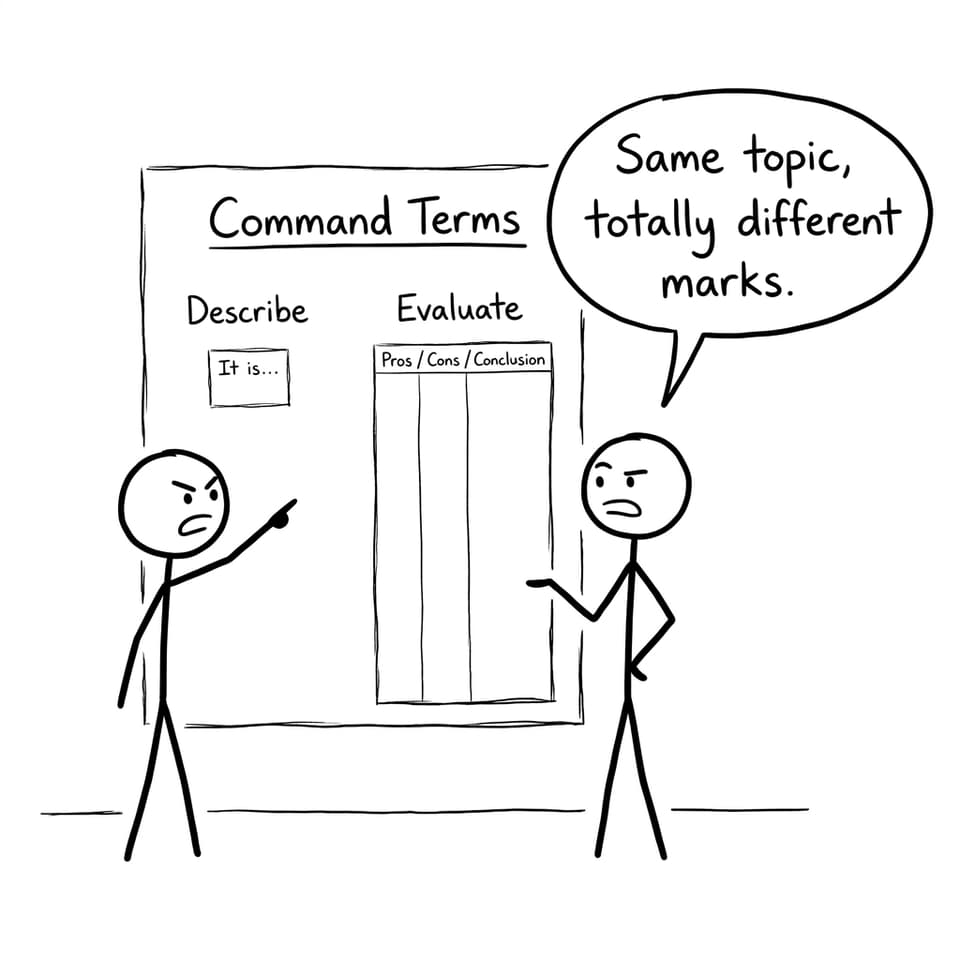 Command terms joke: describe vs evaluate