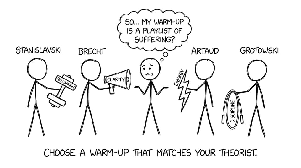 Four theorists hand the student warm-up tools; the student jokes about suffering
