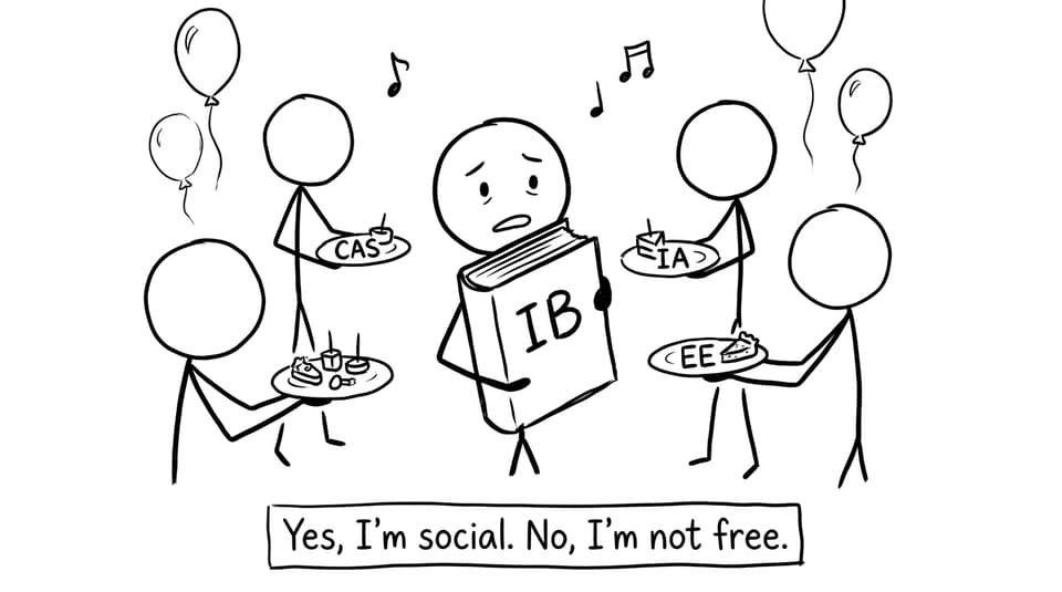 A student at a party holding an IB textbook while friends offer CAS, IA, and EE snacks