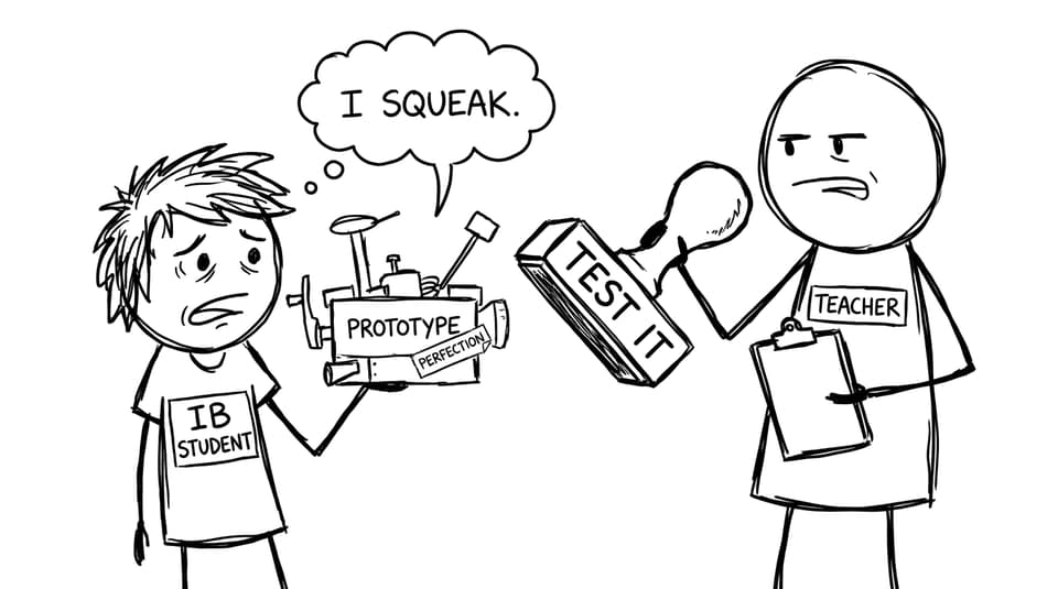 A teacher stamping “TEST IT” while a prototype admits it squeaks