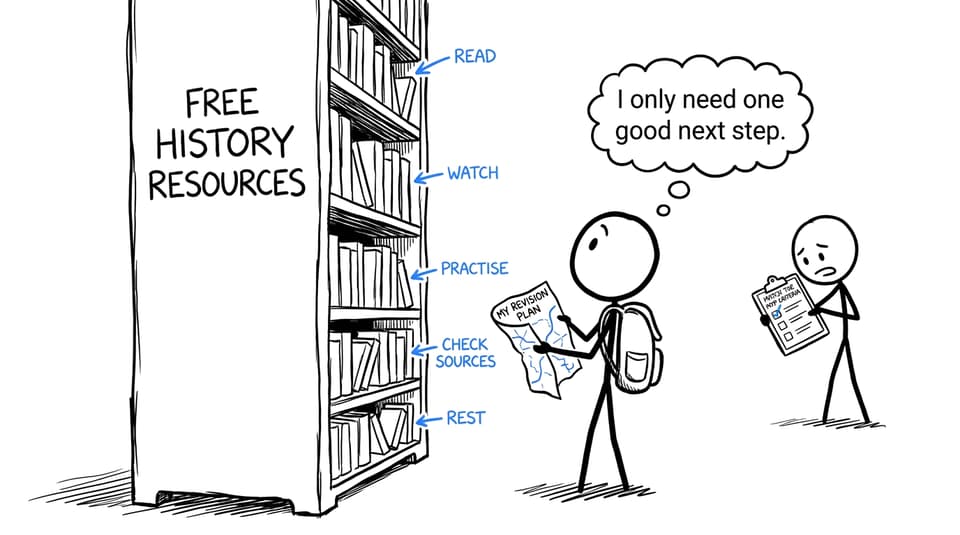 A student choosing one useful step from an overwhelming shelf of free history resources