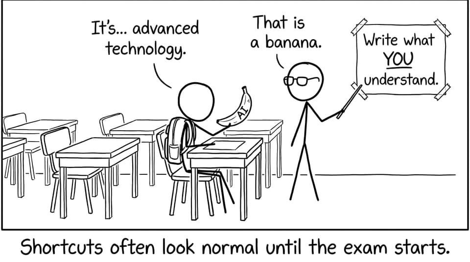 A comic about a banana labeled AI in an exam hall