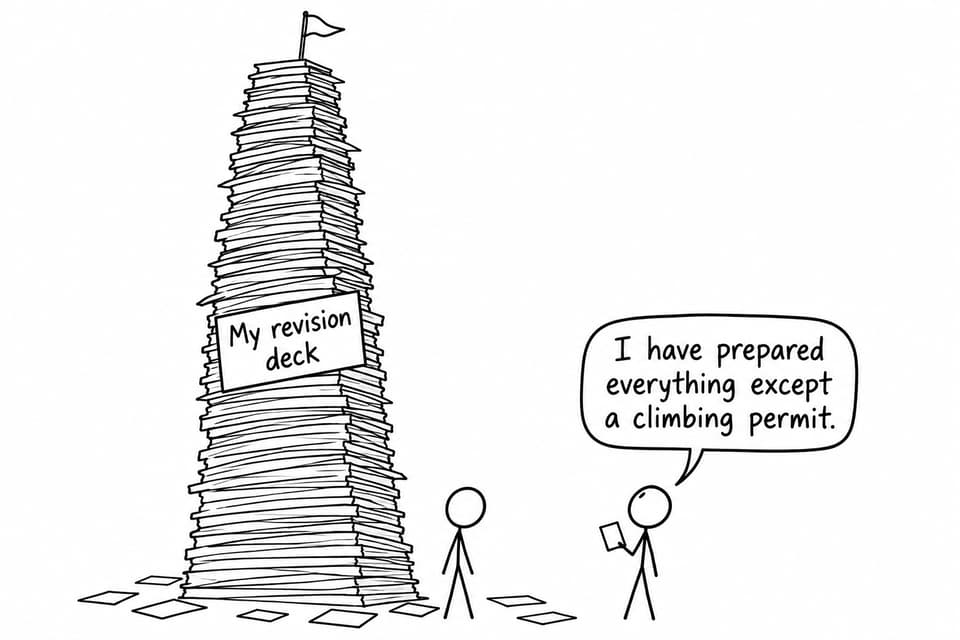 A student facing a mountain-sized revision deck and joking about needing a climbing permit