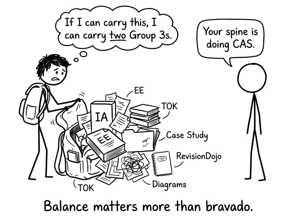 A backpack full of IB chaos labeled IA, EE, TOK, and RevisionDojo