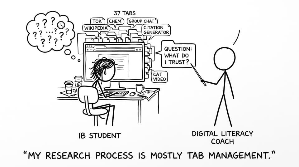 IB student with 37 tabs open and a digital literacy coach