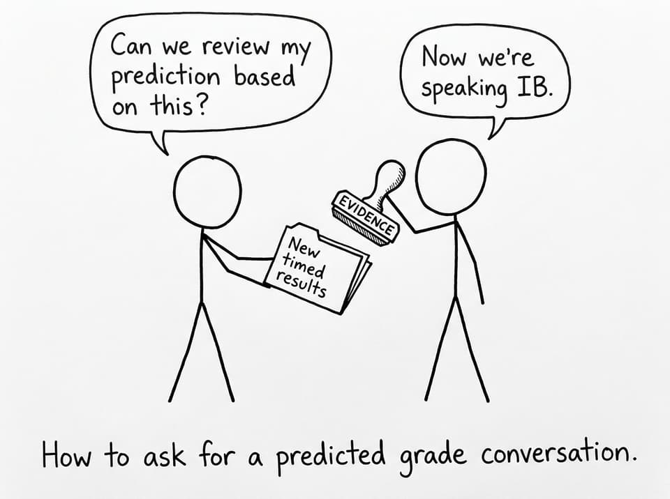 A student asks a teacher to review a prediction using new timed results; teacher stamps EVIDENCE.