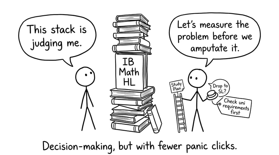 Two students facing an IB Math HL stack