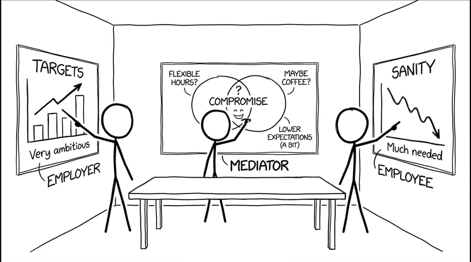 A mediator drawing a Venn diagram called “Compromise” between “Targets” and “Sanity”