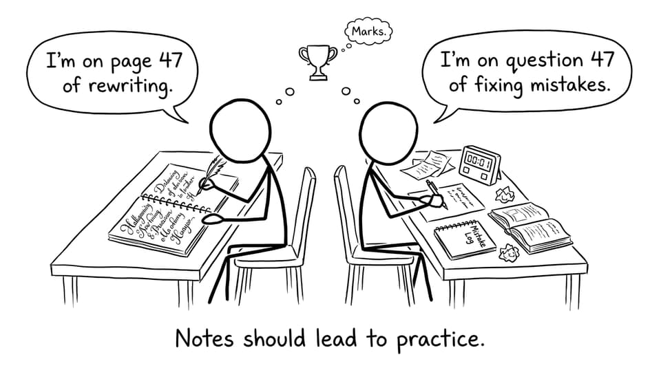 One student rewrites notes beautifully while the other does practice questions with a timer